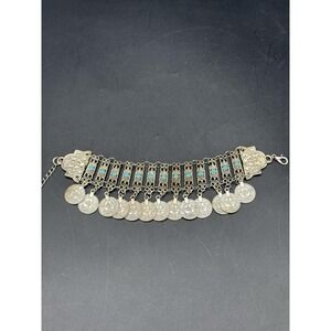 Gypsy Silver Plated Retro Coins Tassel Stone Bracelet